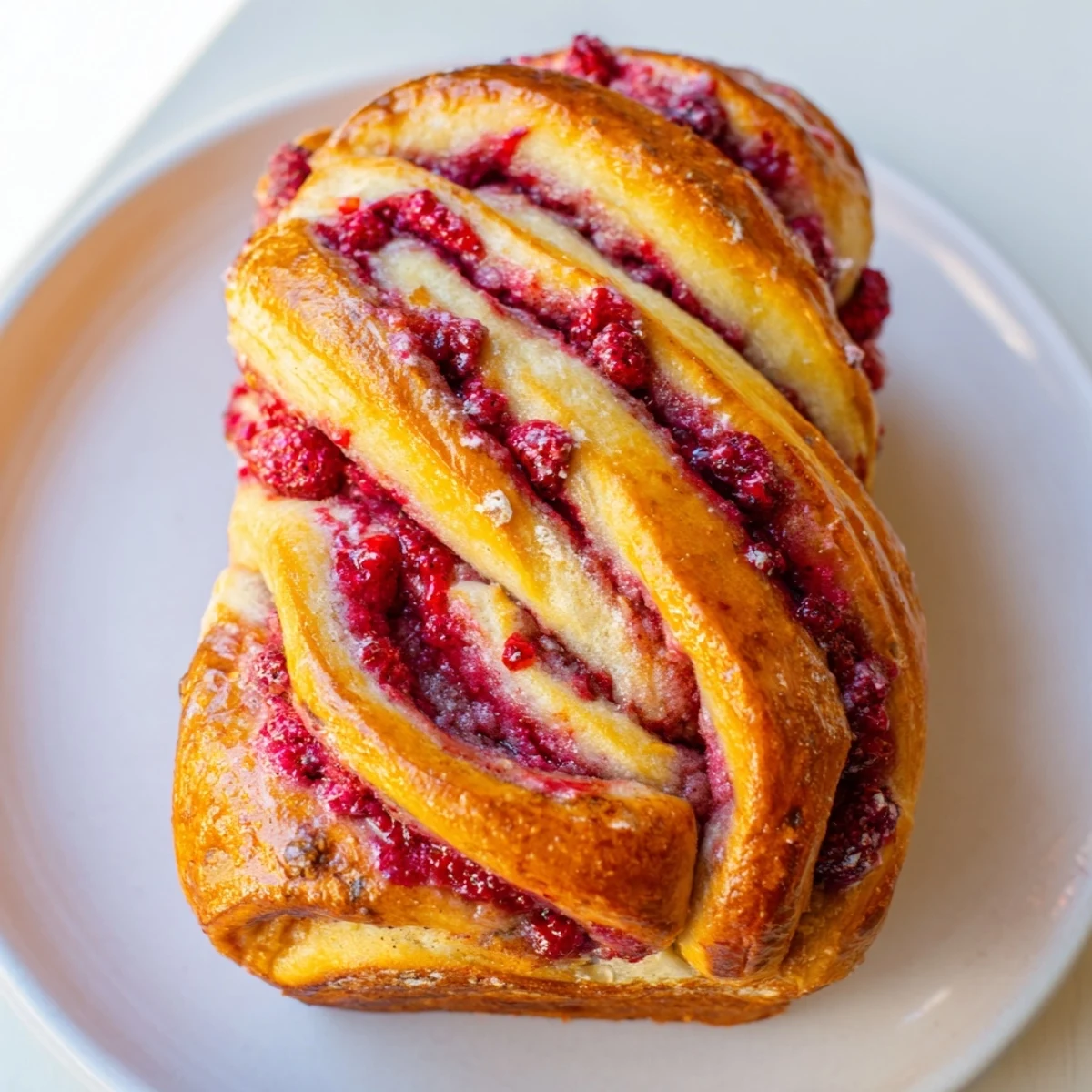 Warm slice of Raspberry Swirl Brioche Loaf on a rustic plate with coffee, showcasing the tangy red fruit filling.