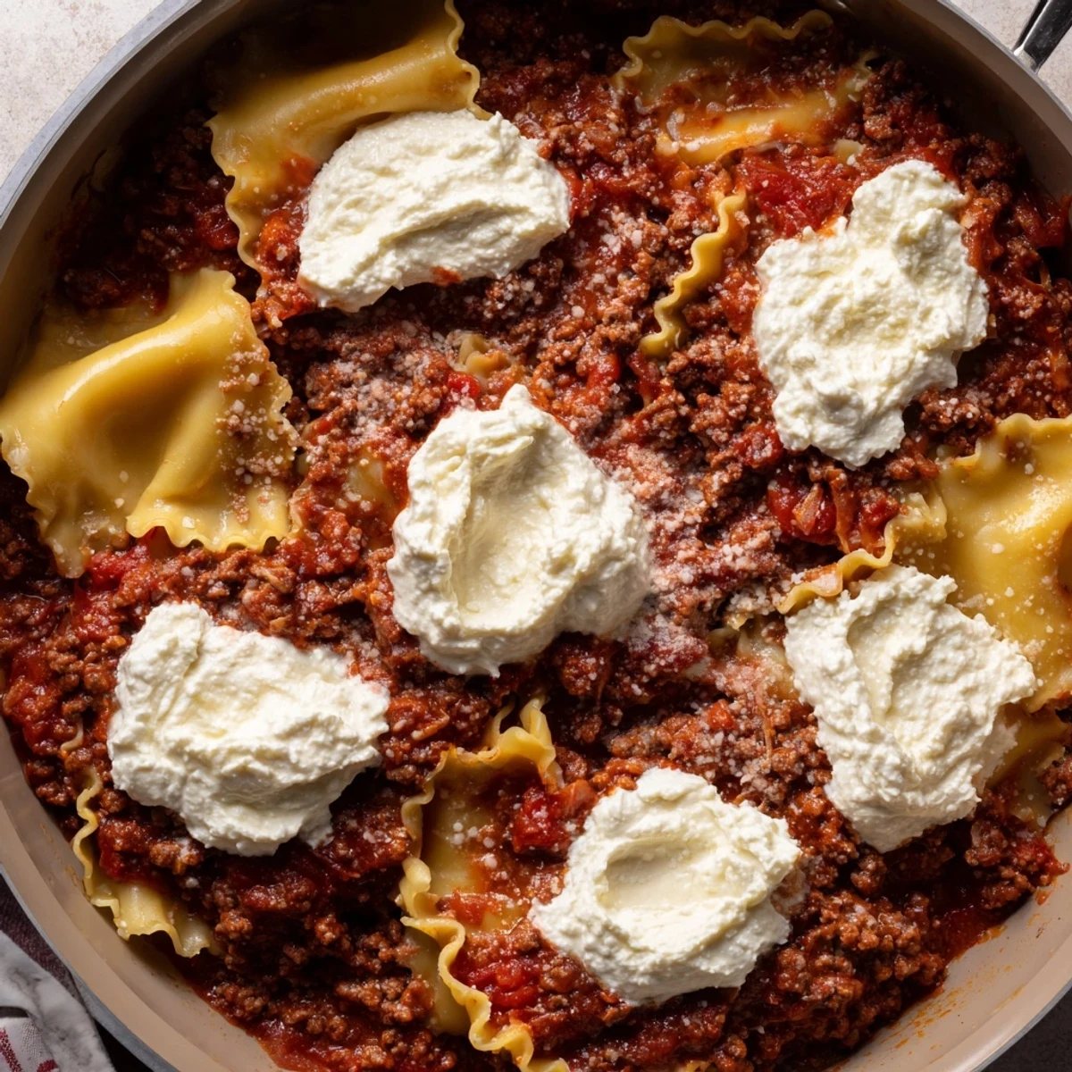 Cheats Frypan Lasagne features tender pasta sheets layered in a rich, savory meat sauce and creamy cheese, all cooked in one pan.