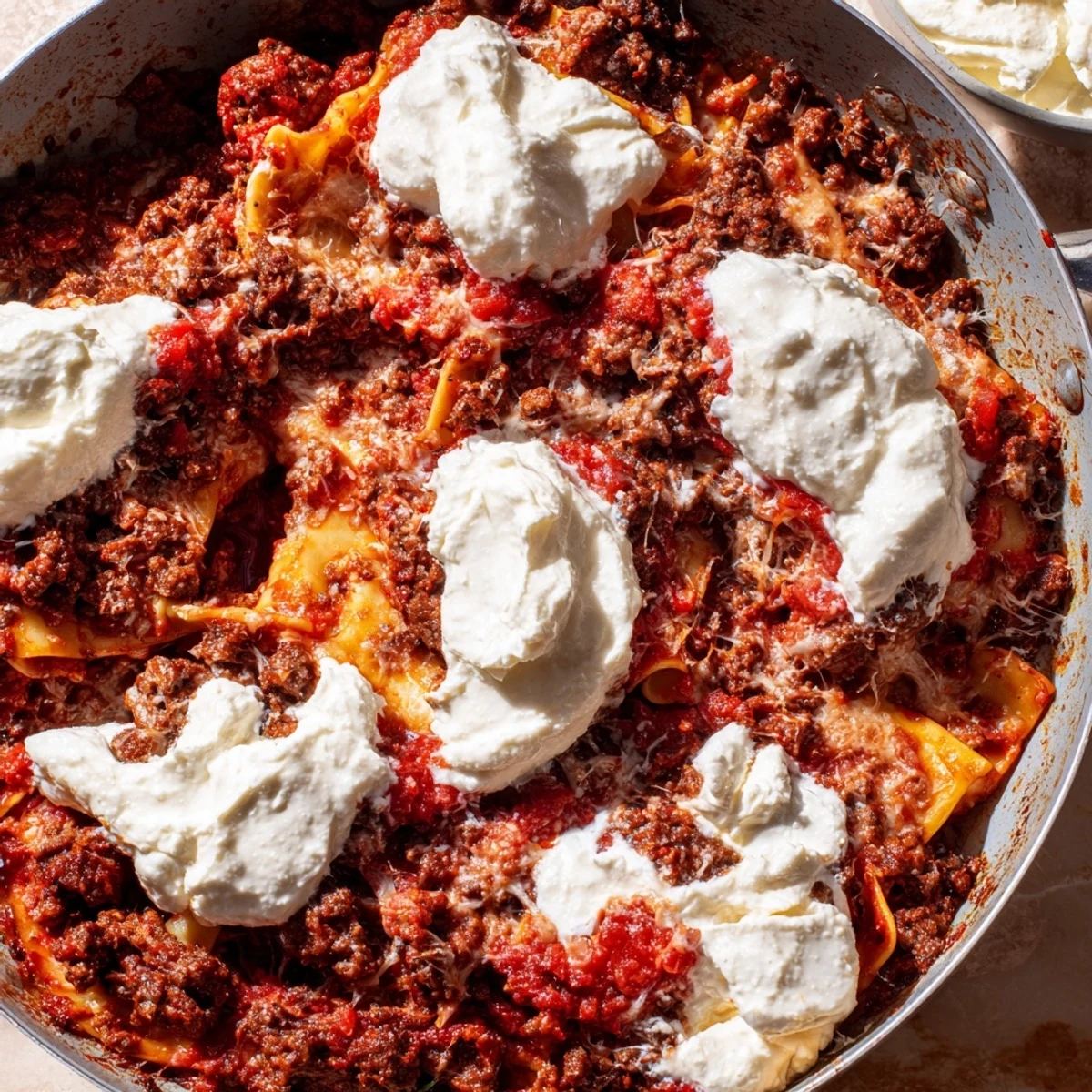 Golden melted mozzarella tops this easy Cheats Frypan Lasagne, served hot from the skillet with a fresh green salad on the side.
