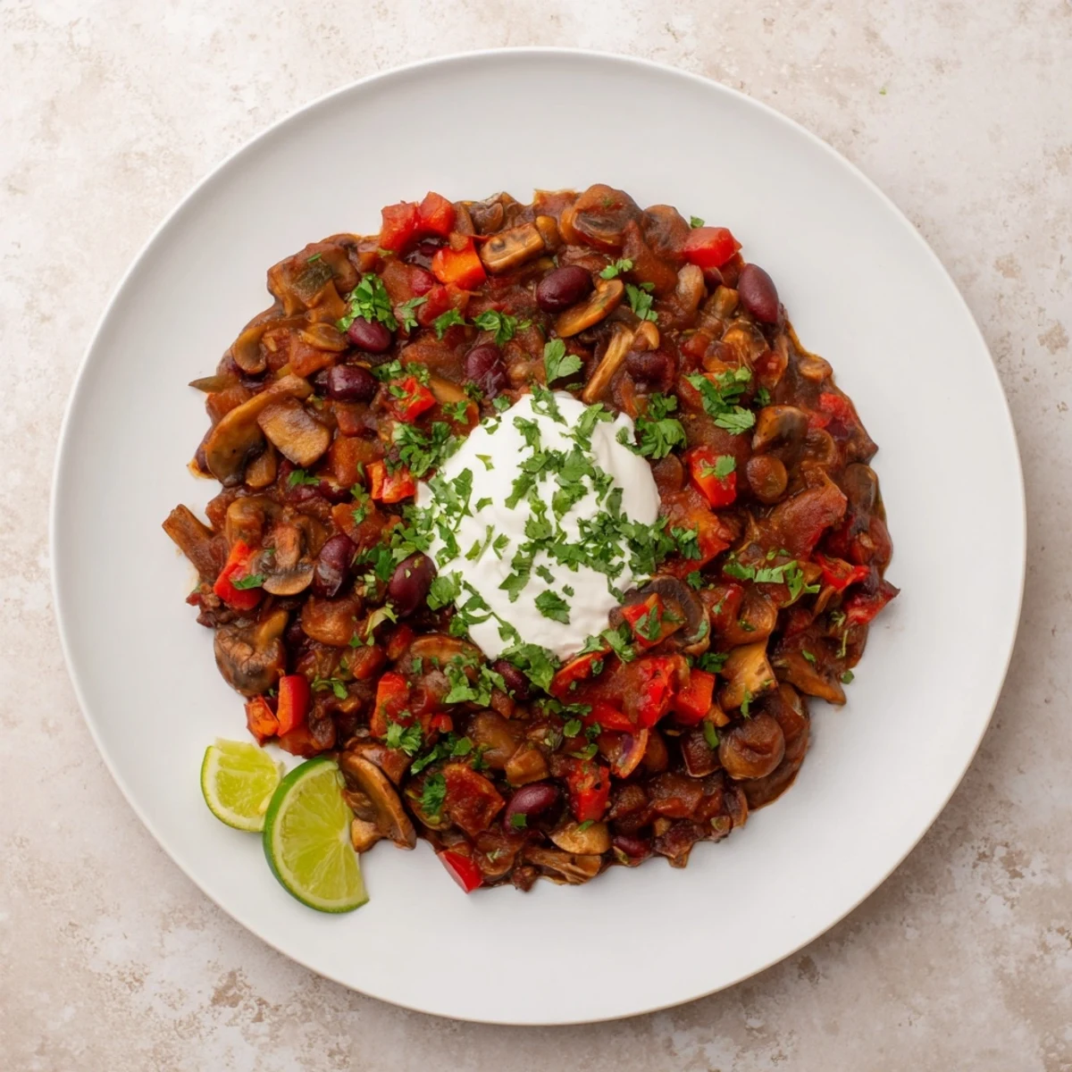 The finished Chilli Mushroom Con Carne in a rustic bowl with a dollop of creamy sour cream.