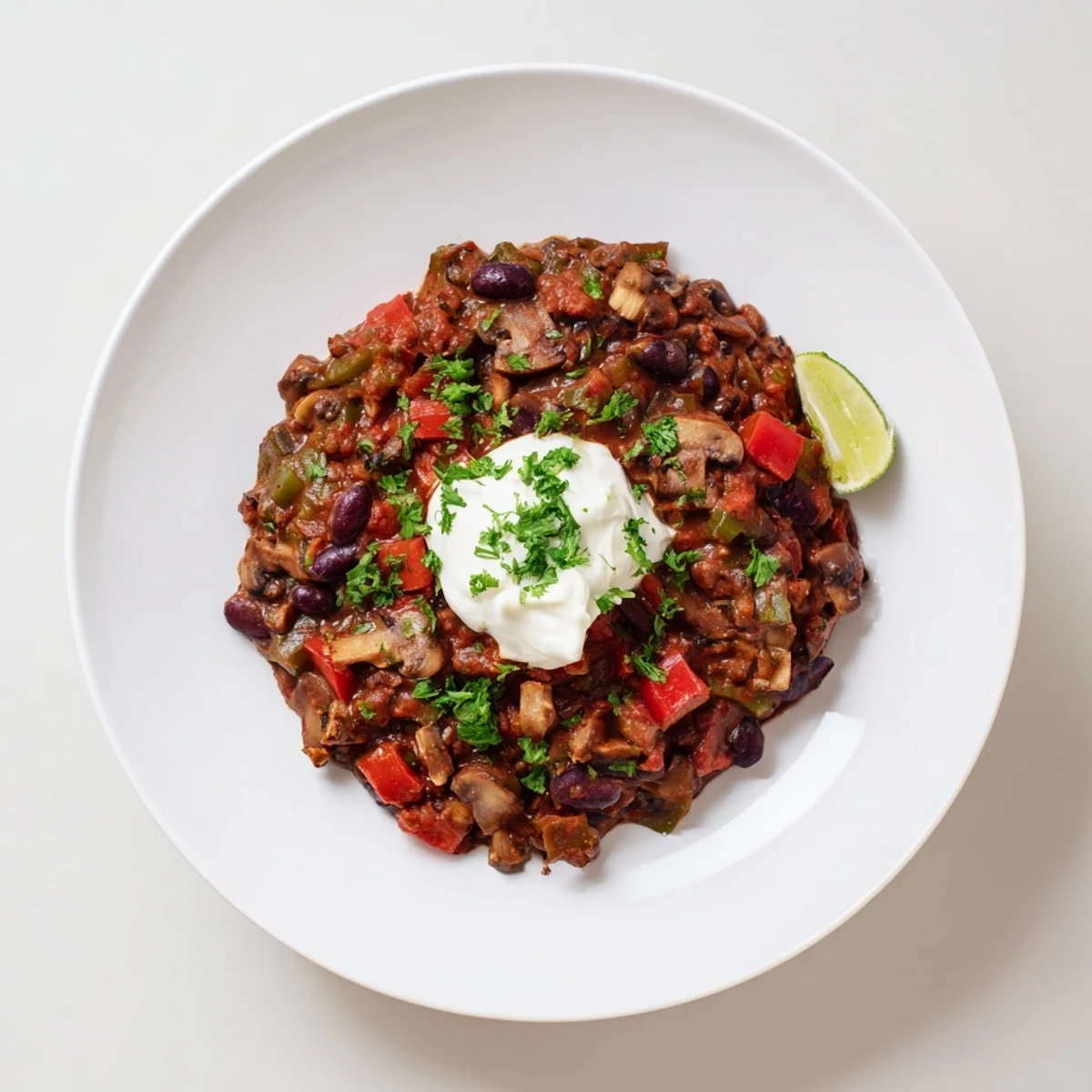 A close-up of the hearty Chilli Mushroom Con Carne, garnished with fresh cilantro and lime wedges.