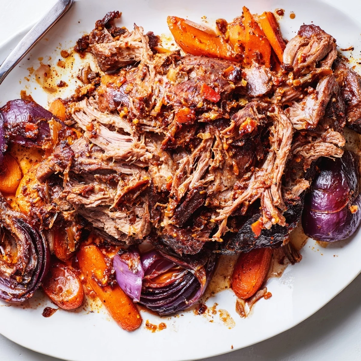Golden, tender slow roasted harissa lamb shoulder glistening with rich pan juices and served alongside roasted vegetables.