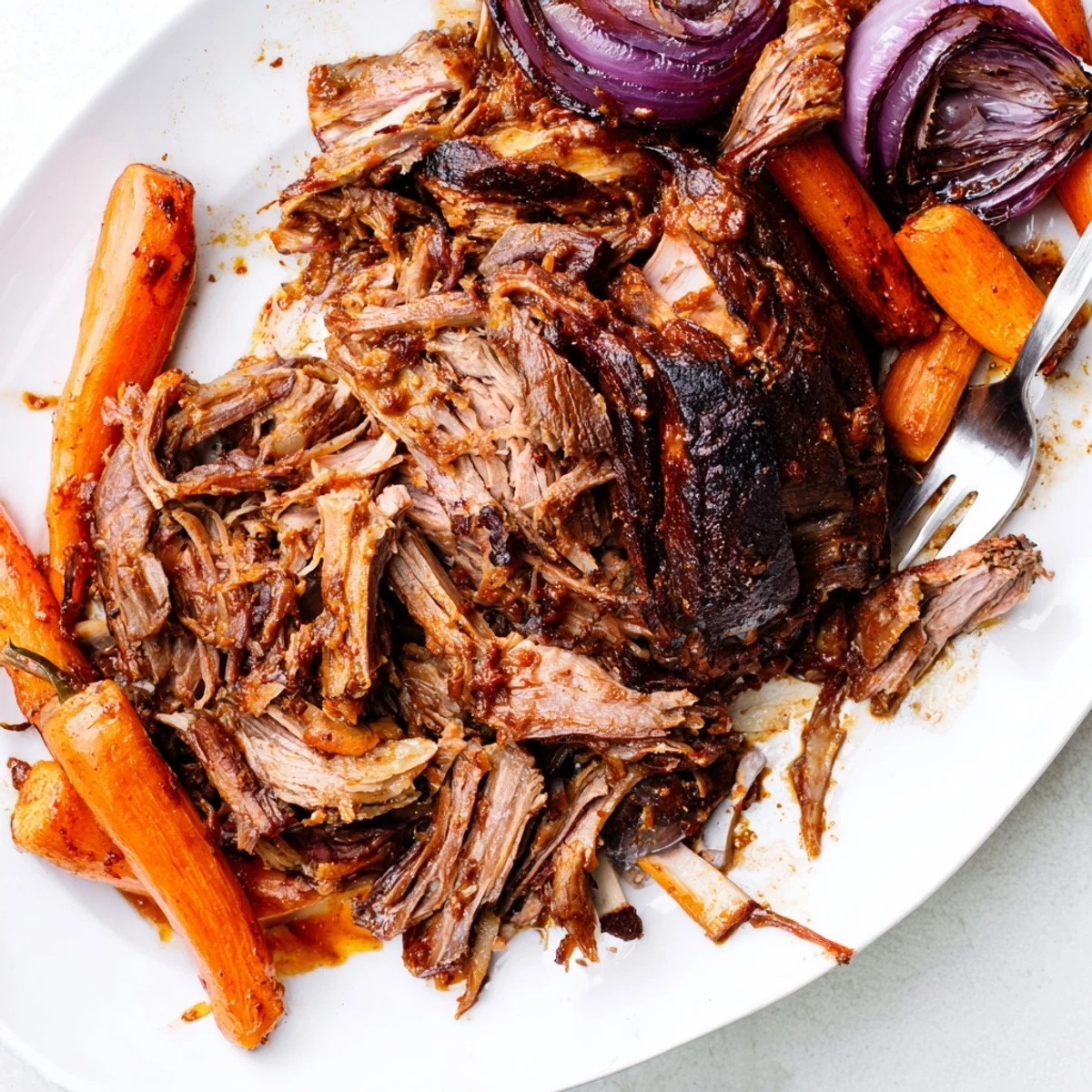 A close-up of slow roasted harissa lamb shoulder with smoky crust, garlic bulbs, and carrots on a rustic platter.
