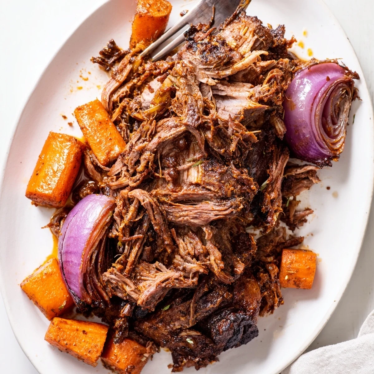 Family-style slow roasted harissa lamb shoulder shredded on a board, ready for serving with flatbreads and fresh salad.
