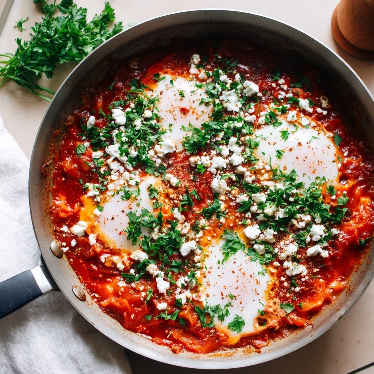 A close-up view of Quick Shakshuka Eggs reveals golden poached eggs nestled in a rich bell pepper and onion sauce, ready for a hearty vegetarian breakfast.