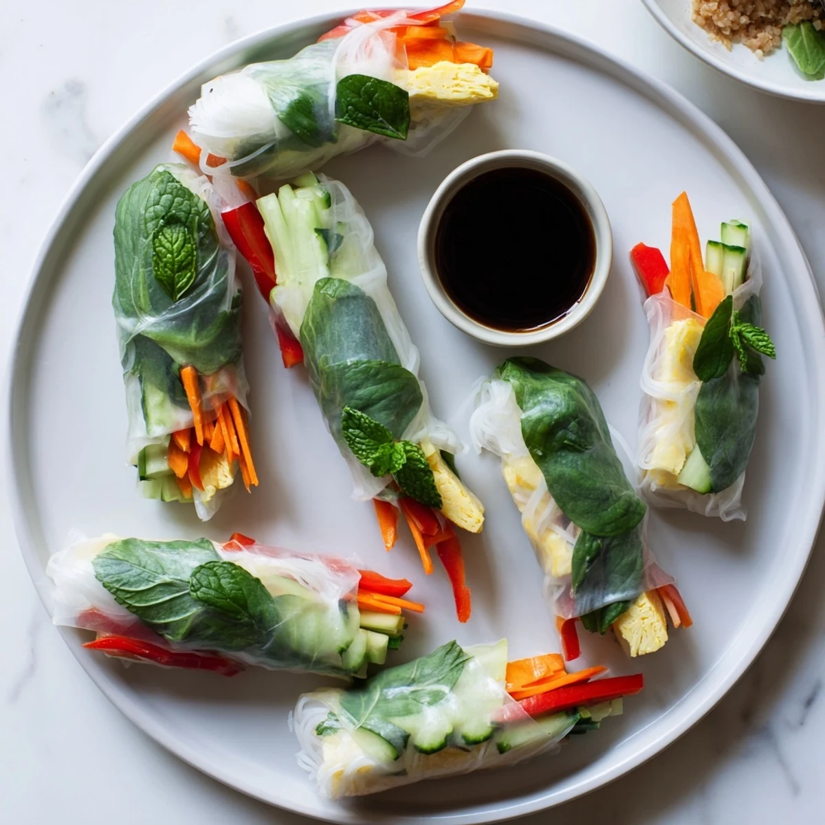 Freshly rolled Omelette Spring Rolls displayed on a white plate with herbs and dipping sauce.