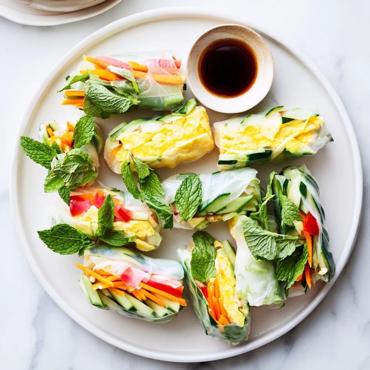 A plate of Omelette Spring Rolls served with a small bowl of soy dipping sauce.