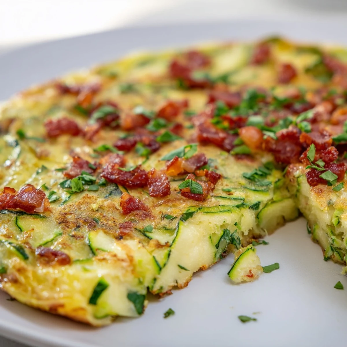 A close-up of the Zucchini Herb and Pancetta Frittata slices showing golden-brown edges and melted Parmesan.