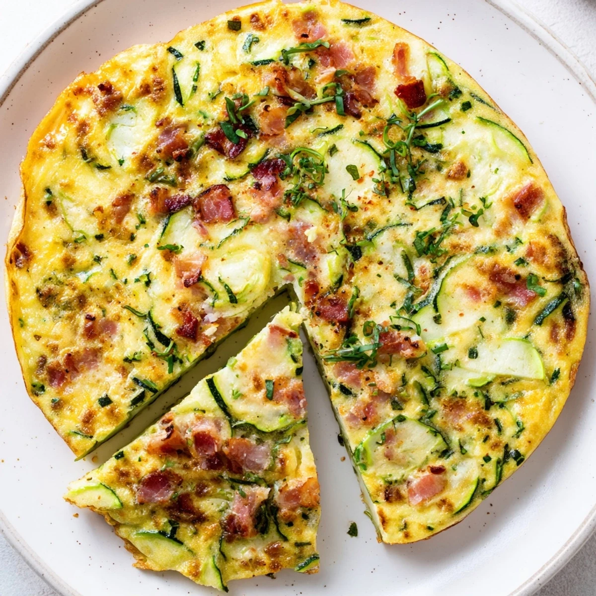 Fresh herbs and diced pancetta are visible inside this Zucchini Herb and Pancetta Frittata slice on a rustic table.