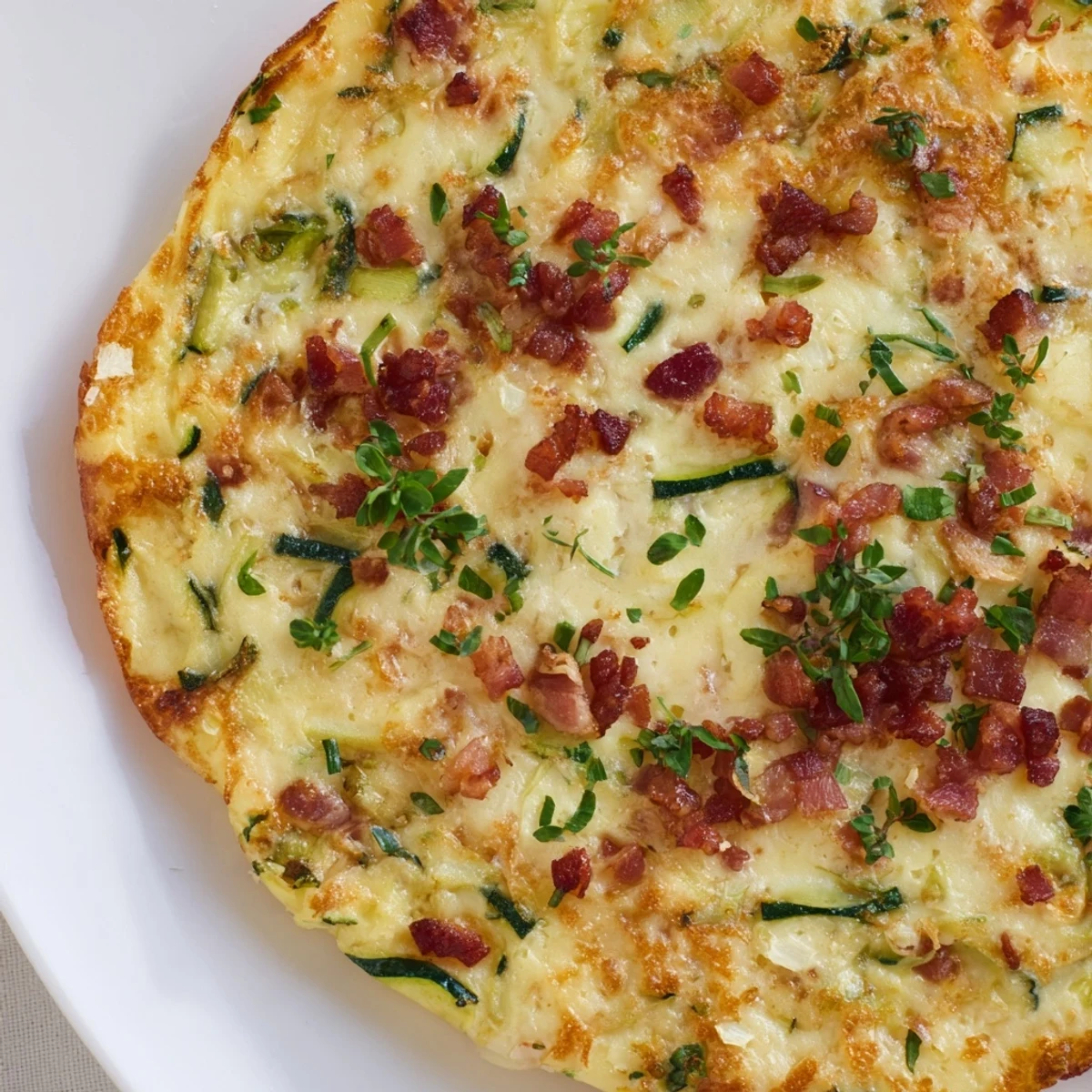 The Zucchini Herb and Pancetta Frittata served warm on a plate with a fresh green salad side.