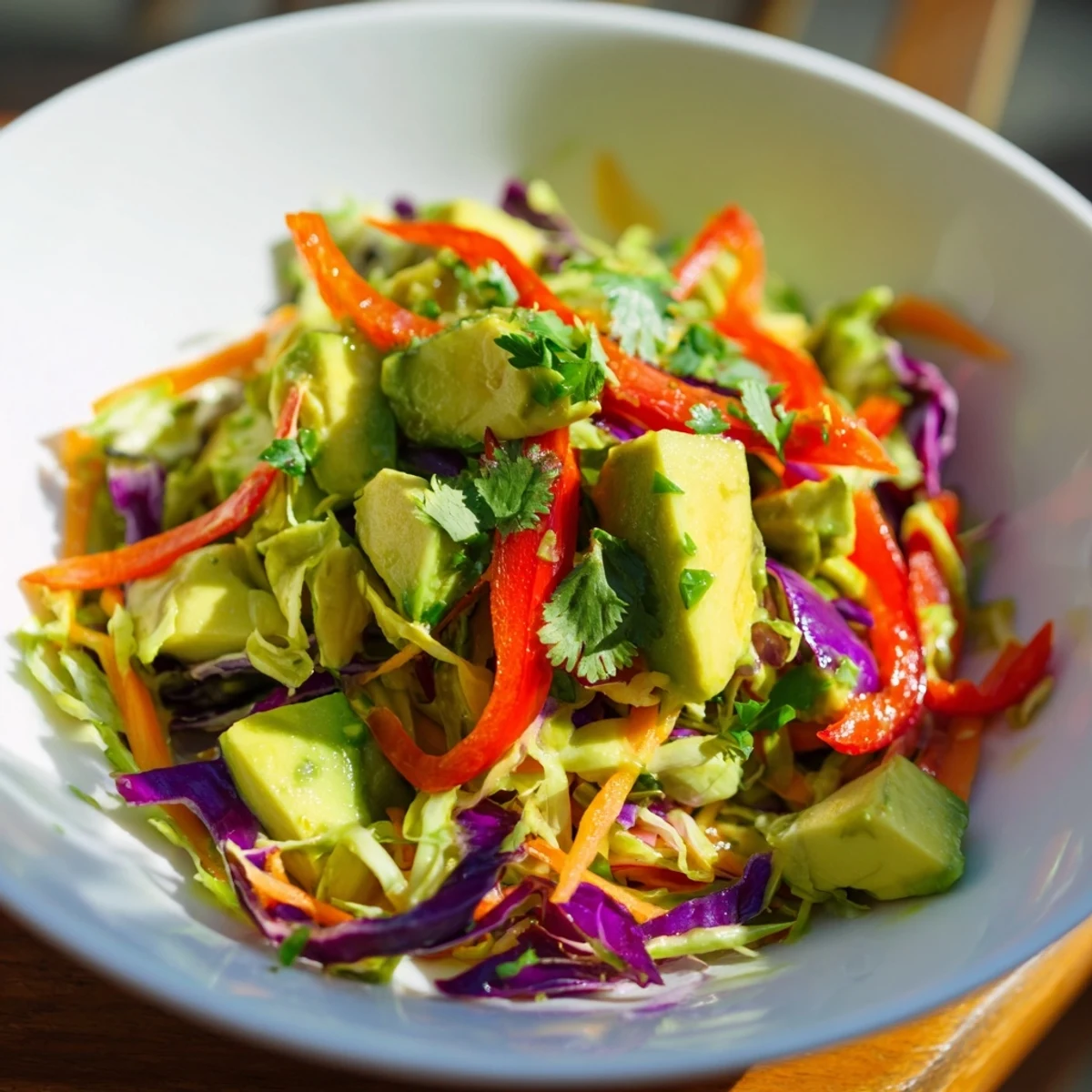 The vibrant Avocado Cabbage Salad features creamy avocado cubes nestled among crisp shredded cabbage and bright red bell peppers.