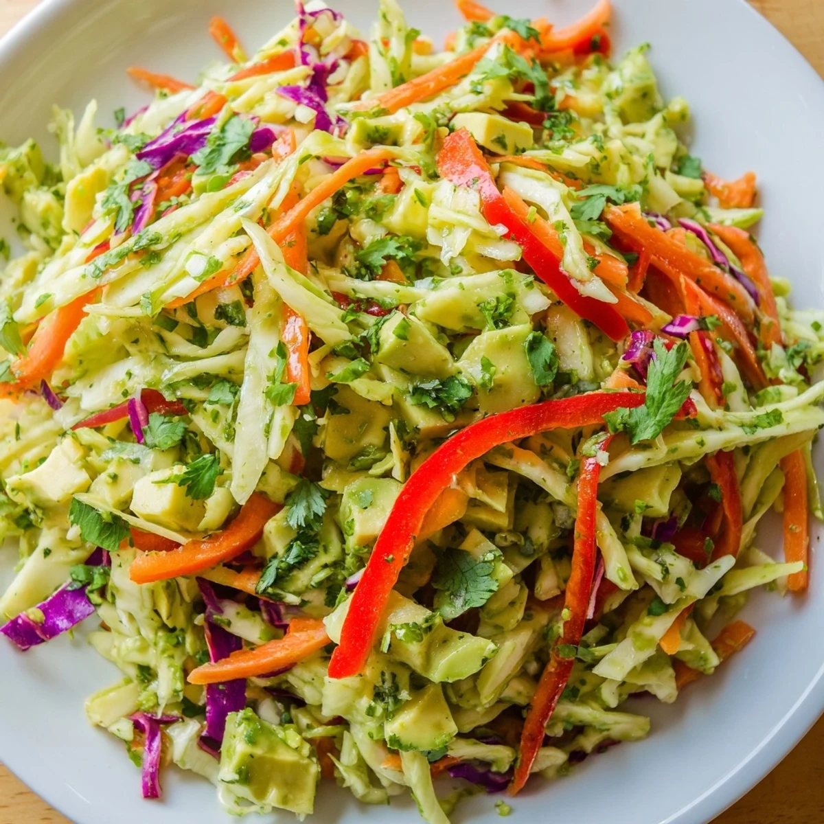 Freshly chopped cilantro and julienned carrots top this Avocado Cabbage Salad, with toasted pumpkin seeds adding a golden crunch.