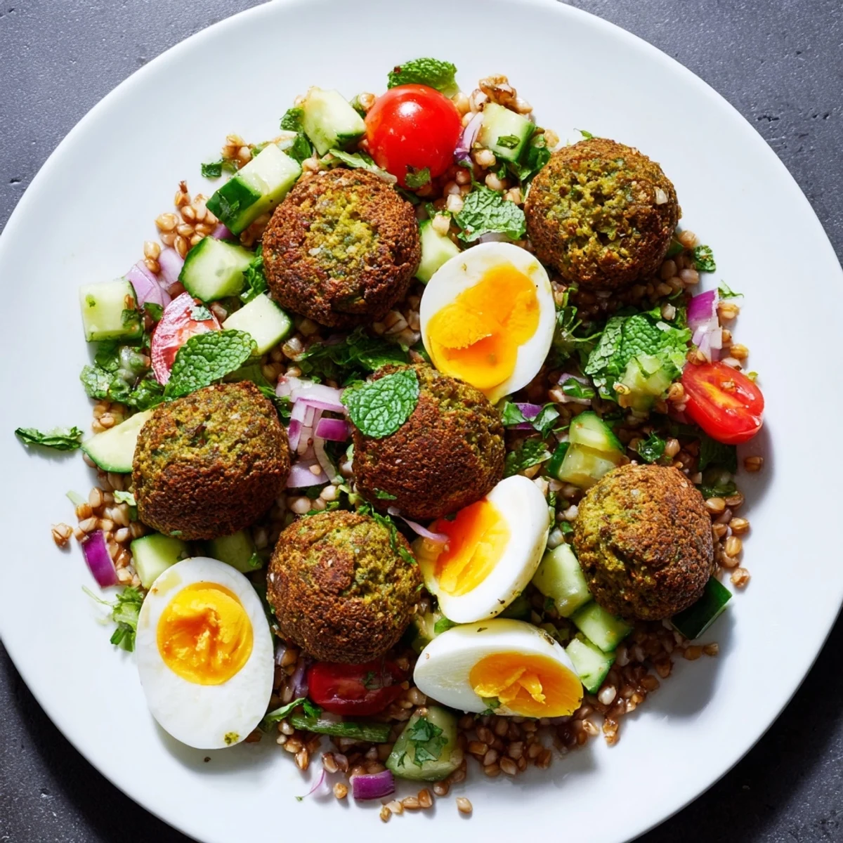 Golden crispy broccoli falafels rest on a colorful buckwheat salad with eggs, tomatoes, and fresh herbs.  