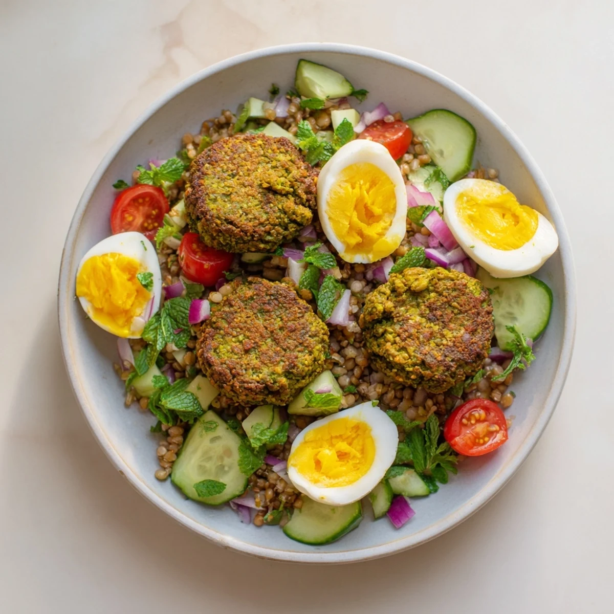 Plate featuring savory broccoli falafels paired with a refreshing buckwheat salad and chopped eggs for dinner.