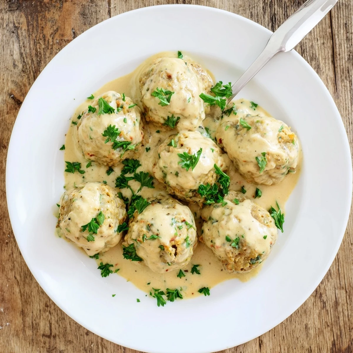 Golden-brown Chicken and Sun-Dried Tomato Meatballs sit in a rich, tangy sauce alongside mashed potatoes.  