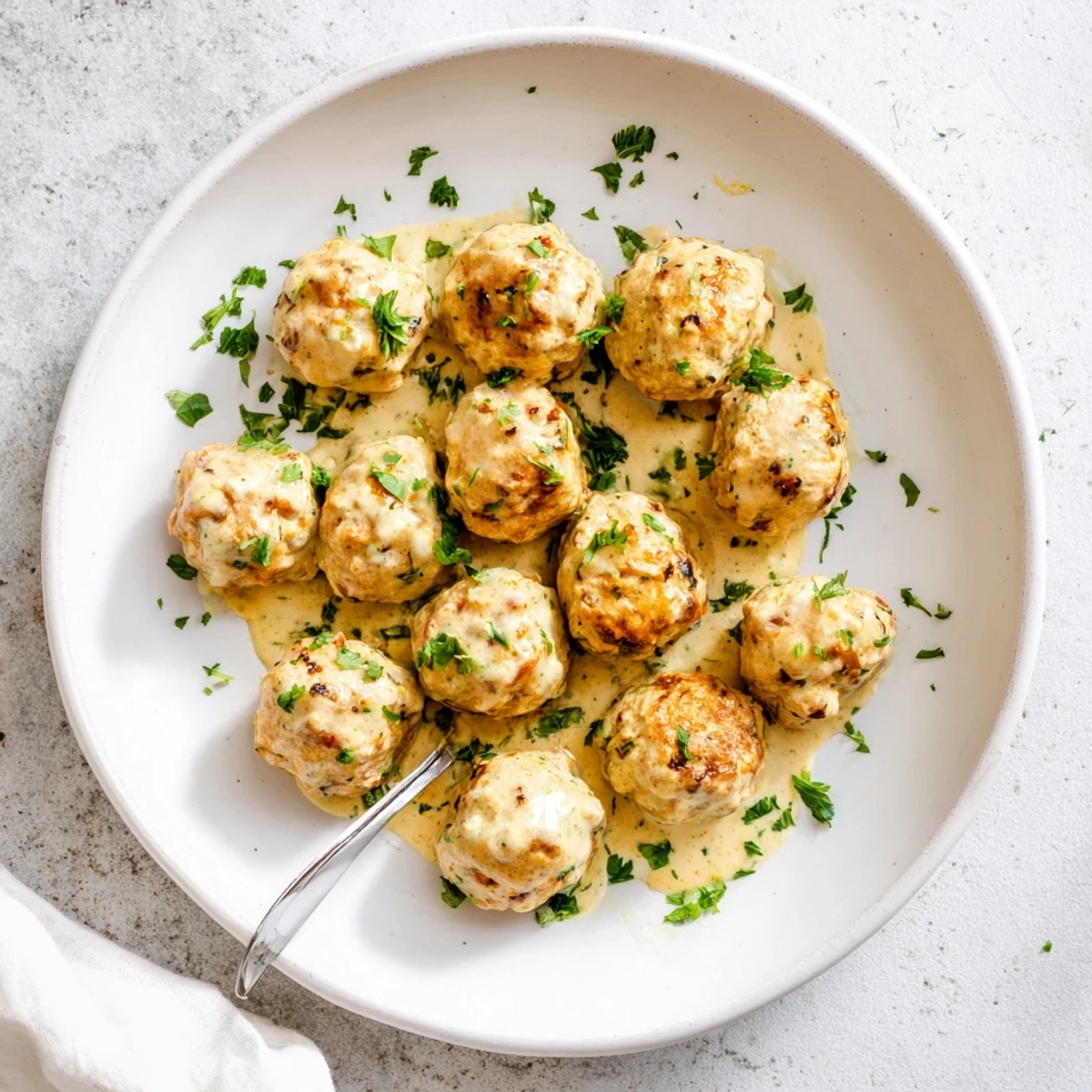 A skillet of Chicken and Sun-Dried Tomato Meatballs coated in luscious mustard cream sauce ready to serve.