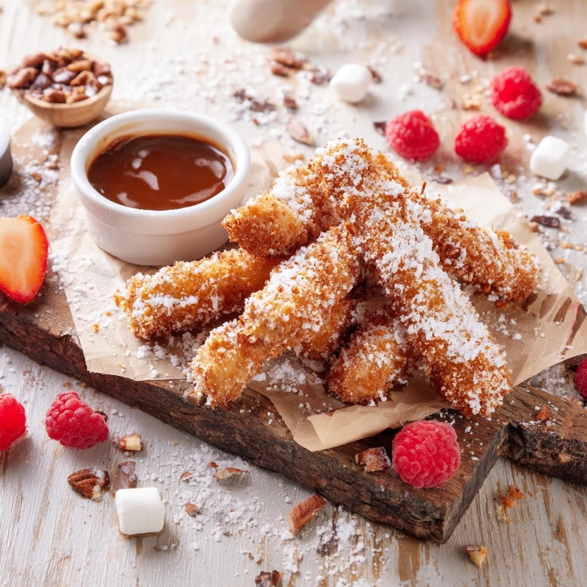 Salted Caramel Apple Fries Board showcases golden fried apple sticks, marshmallows, and dipping sauce for a sweet treat.