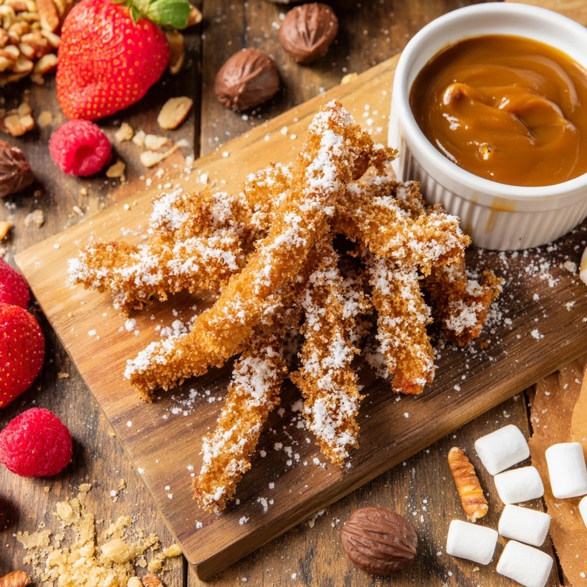 Crispy Salted Caramel Apple Fries Board arranged on a wooden platter with warm drizzle and fresh berries.