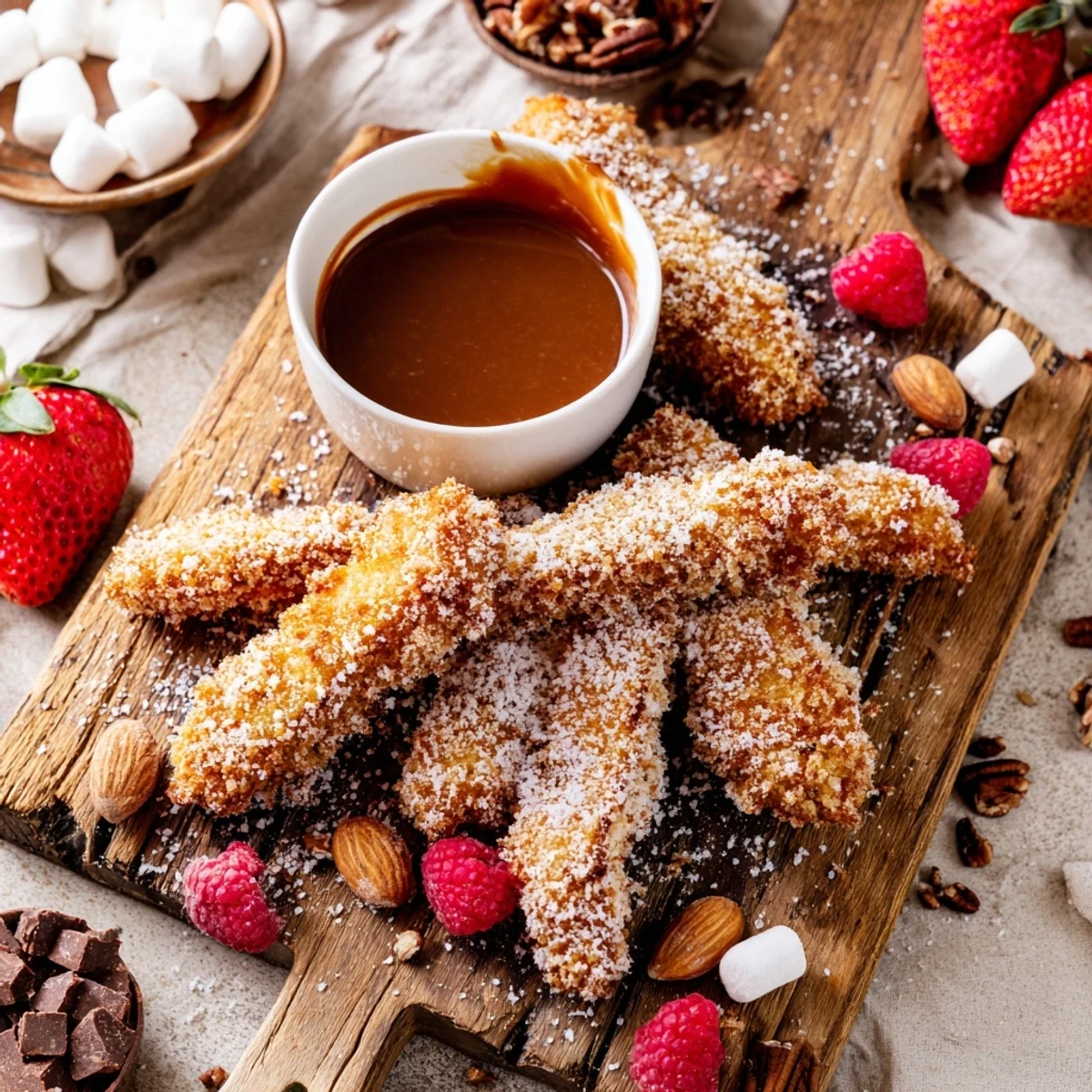 A close-up of Salted Caramel Apple Fries Board with powdered sugar dusting and graham cracker crumbs on the side.
