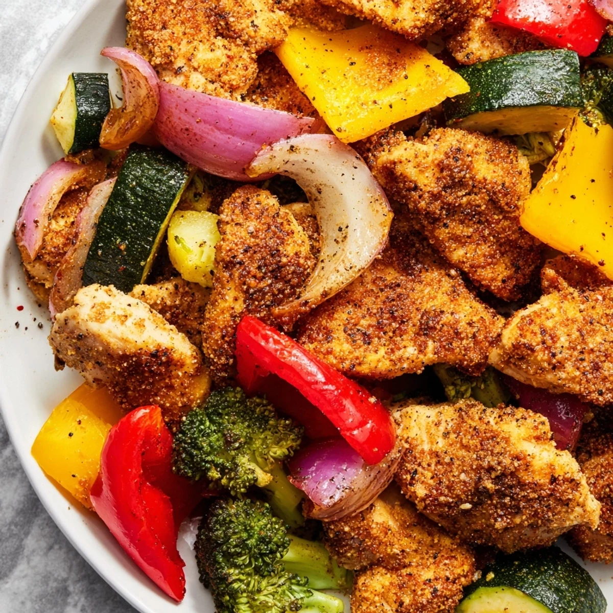 Fork-tender 10-Minute Air Fryer Chicken and Veggies plated with herbs, ready for a family meal.  