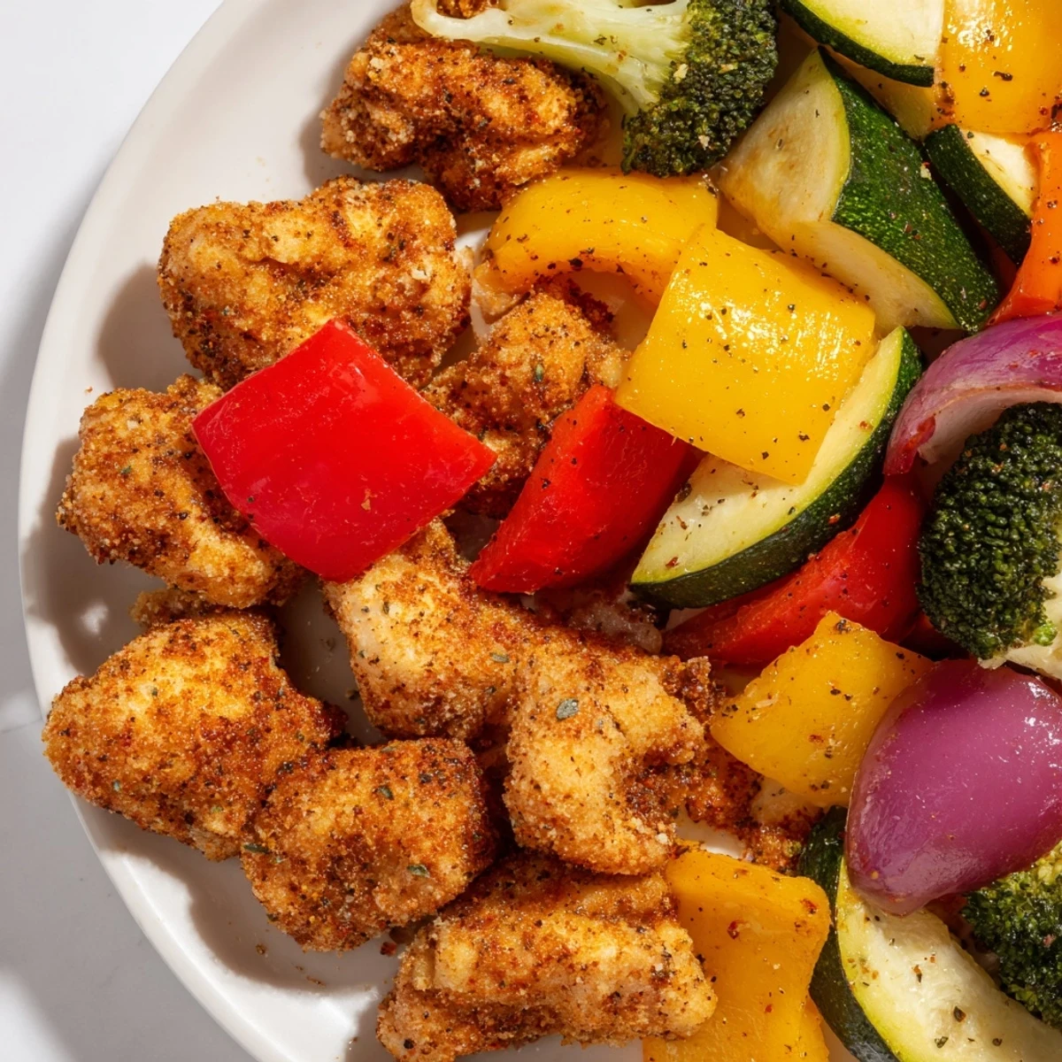Juicy air-fried chicken and crisp colorful veggies in 10 minutes, perfect for quick weeknight dinners.  