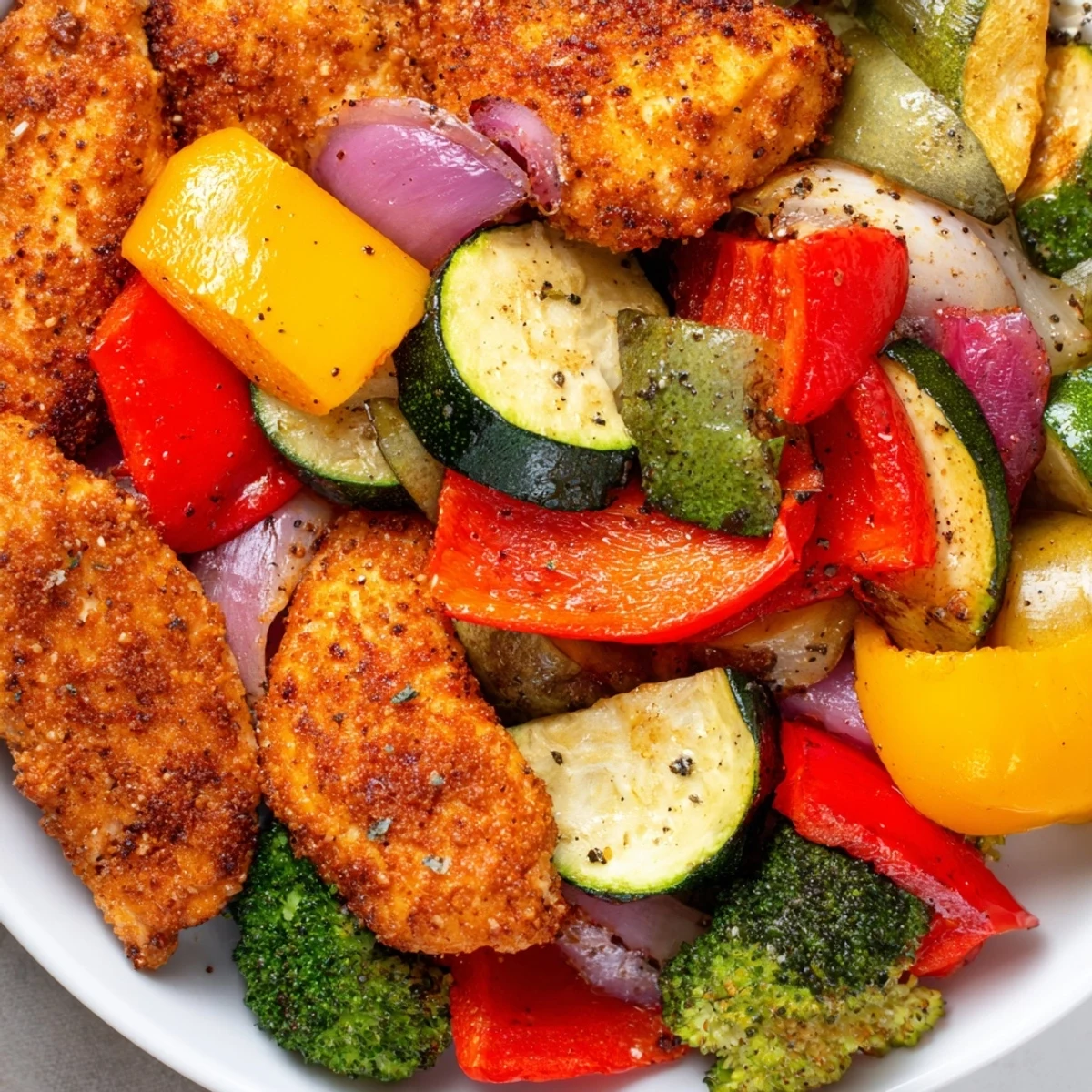 Vibrant bell peppers and zucchini with golden chicken breast in a 10-Minute Air Fryer Chicken and Veggies.