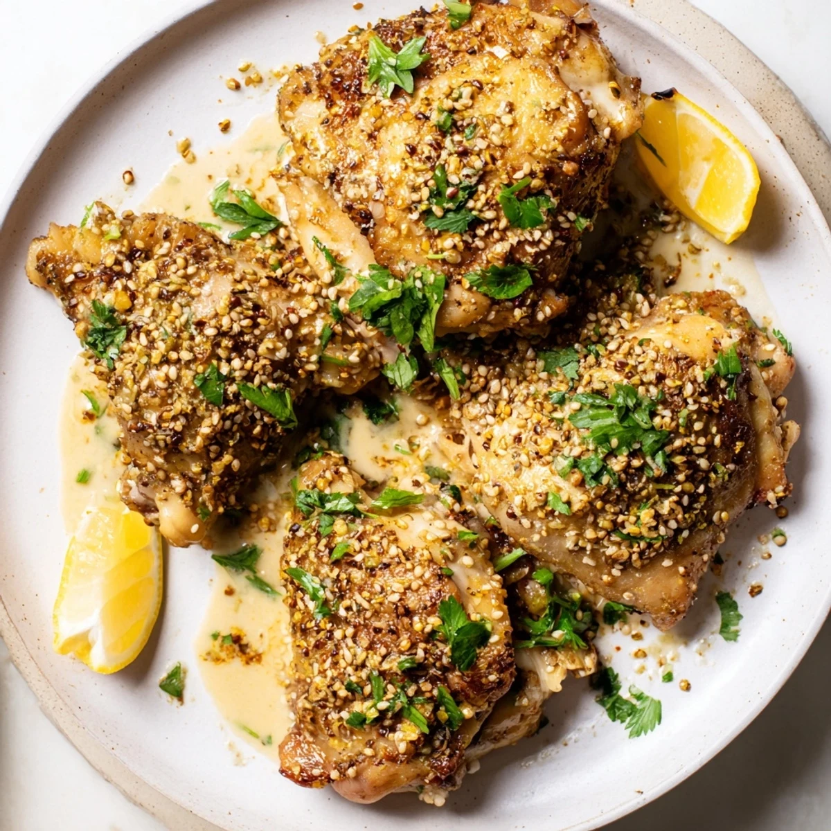 Golden-brown Zaatar Tahini Chicken Thighs roasted with crisp skin and fresh parsley garnish.
