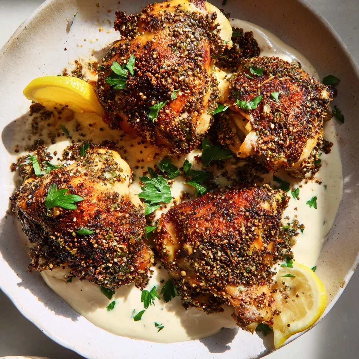 Close-up of Zaatar Tahini Chicken Thighs highlighting juicy meat and aromatic Middle Eastern spices.