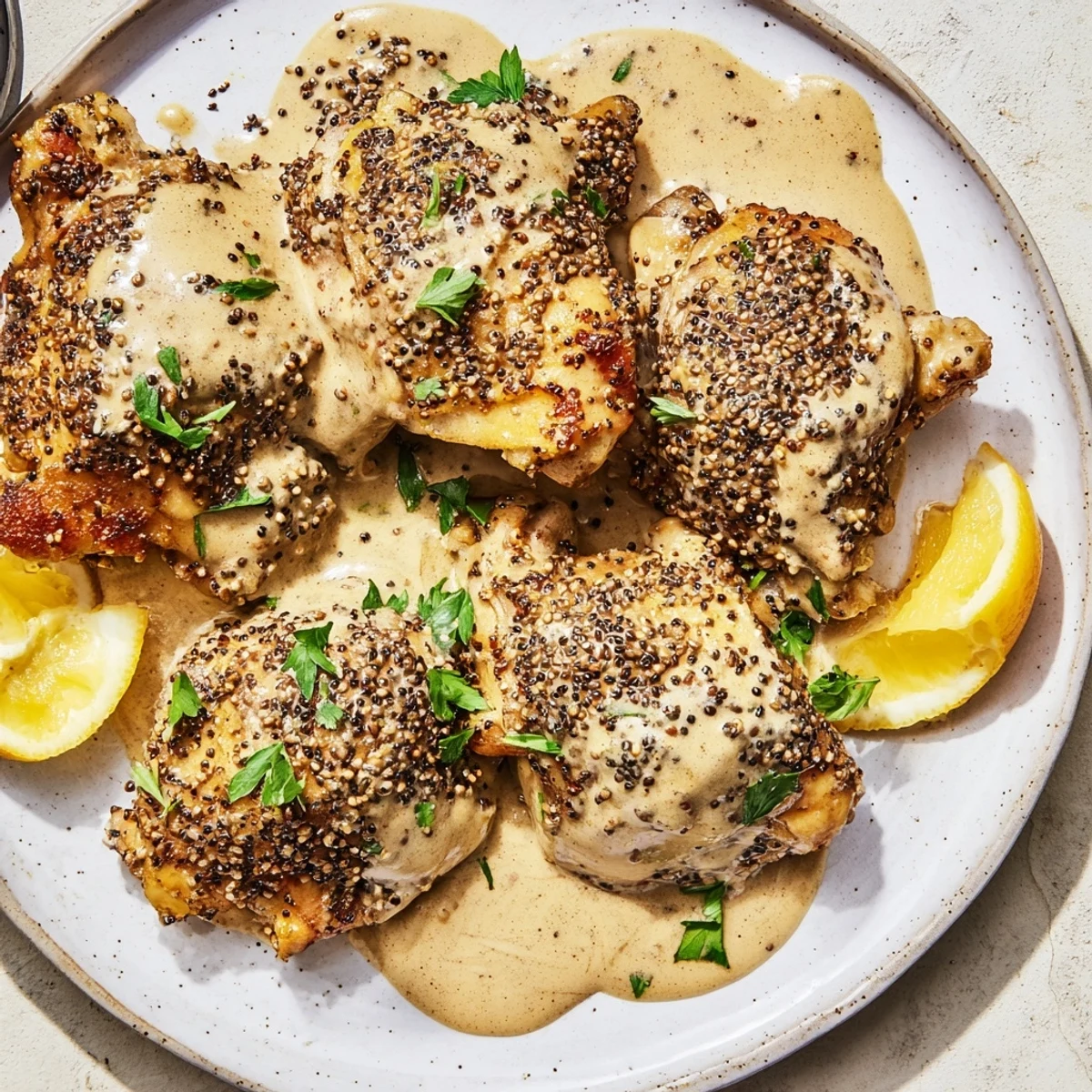 Succulent Zaatar Tahini Chicken Thighs served with lemon wedges and toasted sesame seeds.