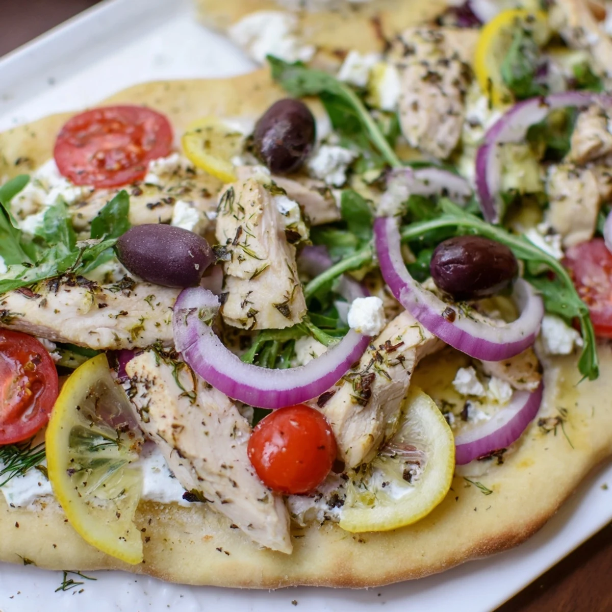 Sliced Mediterranean flatbread with juicy chicken, dill yogurt sauce, and feta, served on a white plate for dinner.