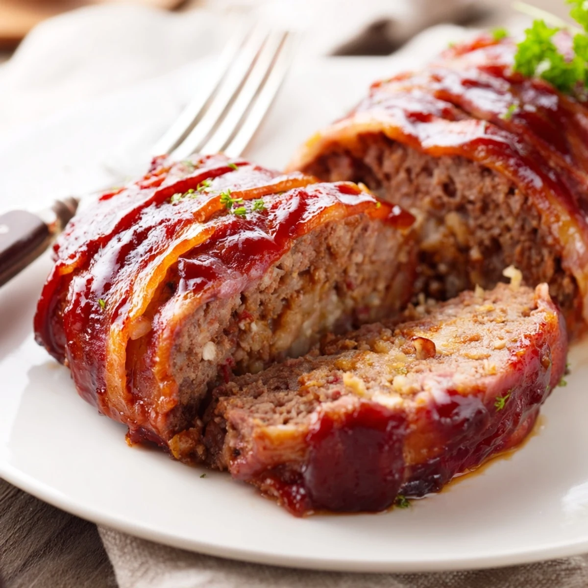 A close-up of BBQ Beef Bacon Wrapped Meatloaf with glossy, sticky glaze and crispy bacon edges on a rustic wooden board.