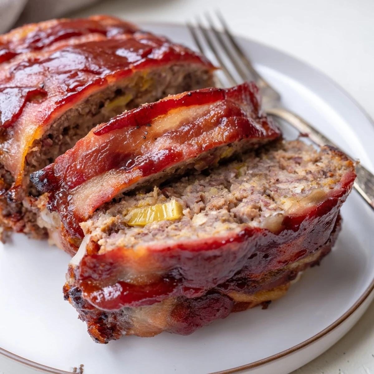 Sliced BBQ Beef Bacon Wrapped Meatloaf reveals juicy beef layers, bacon weave, and smoky BBQ sauce on a white plate.