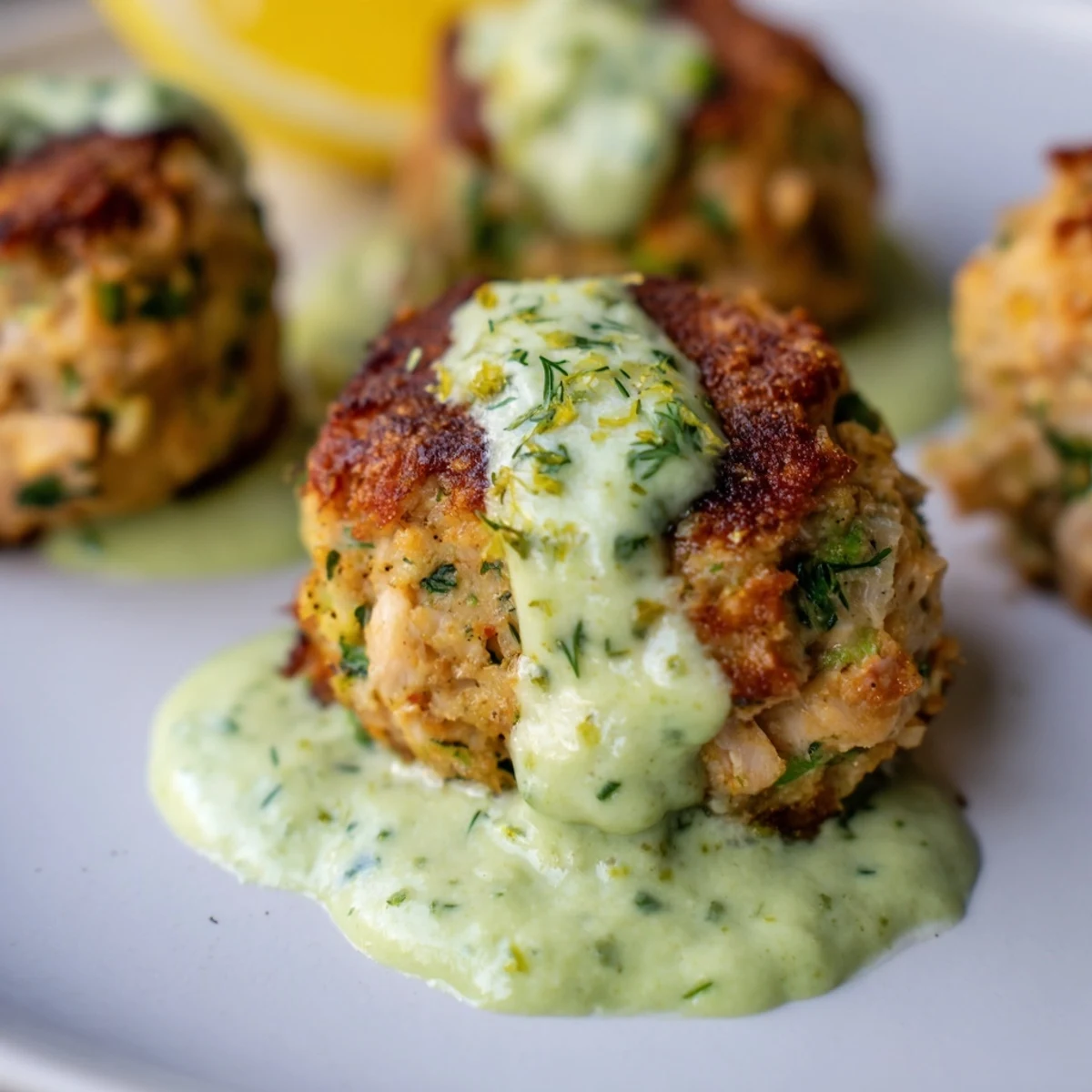 Golden-brown salmon balls with creamy avocado sauce on a white plate, topped with fresh dill and lemon zest for a zesty appetizer.