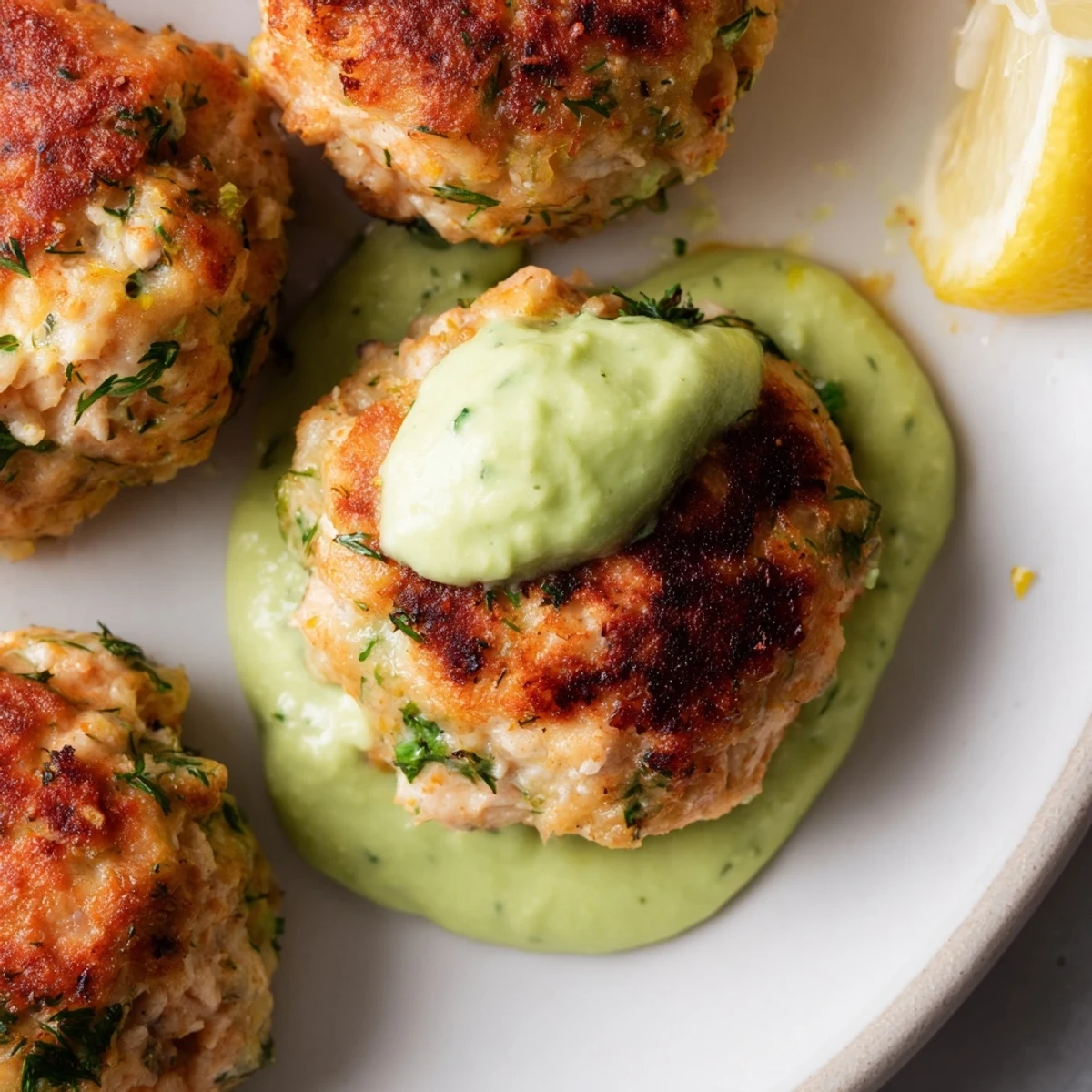 Freshly cooked tender salmon balls served warm with a luscious avocado sauce, garnished with parsley and lemon slices for serving.