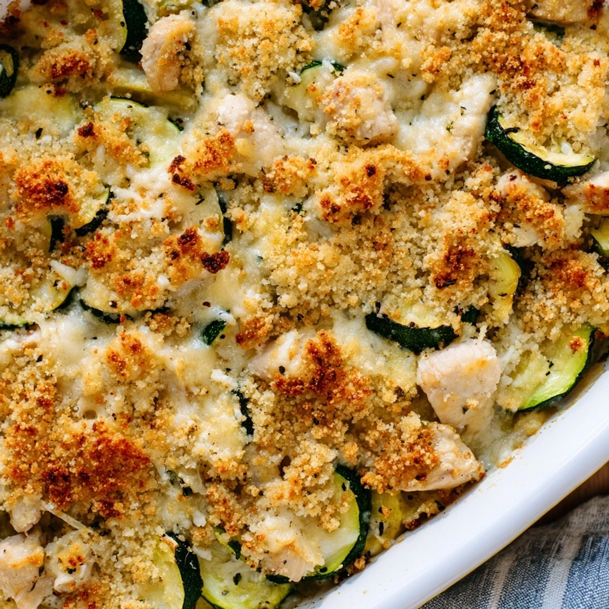 A close-up of the golden-brown Chicken Zucchini Bake, showcasing melted cheese and tender zucchini slices fresh from the oven.