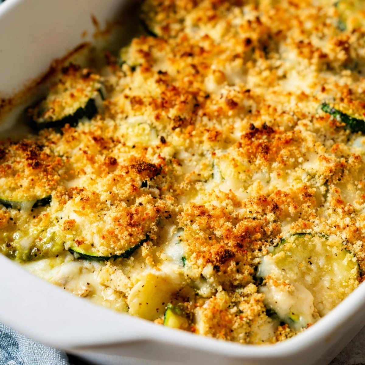 Bubbling and golden, the savory Chicken Zucchini Bake features creamy sauce and diced chicken, ideal for a comforting main course.