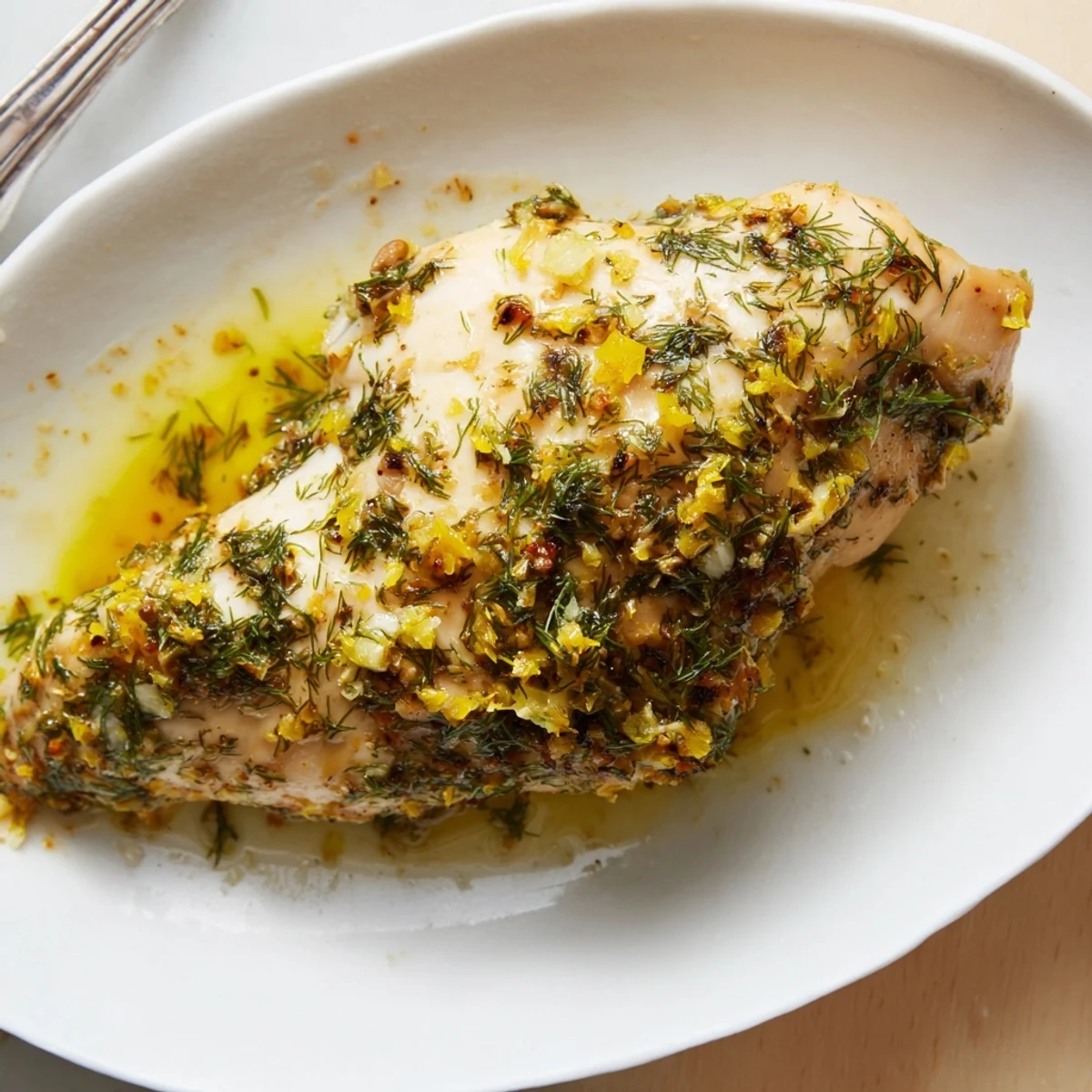 Juicy paleo lemon dill chicken breasts baked with zesty citrus and fresh herbs, served with cauliflower rice.