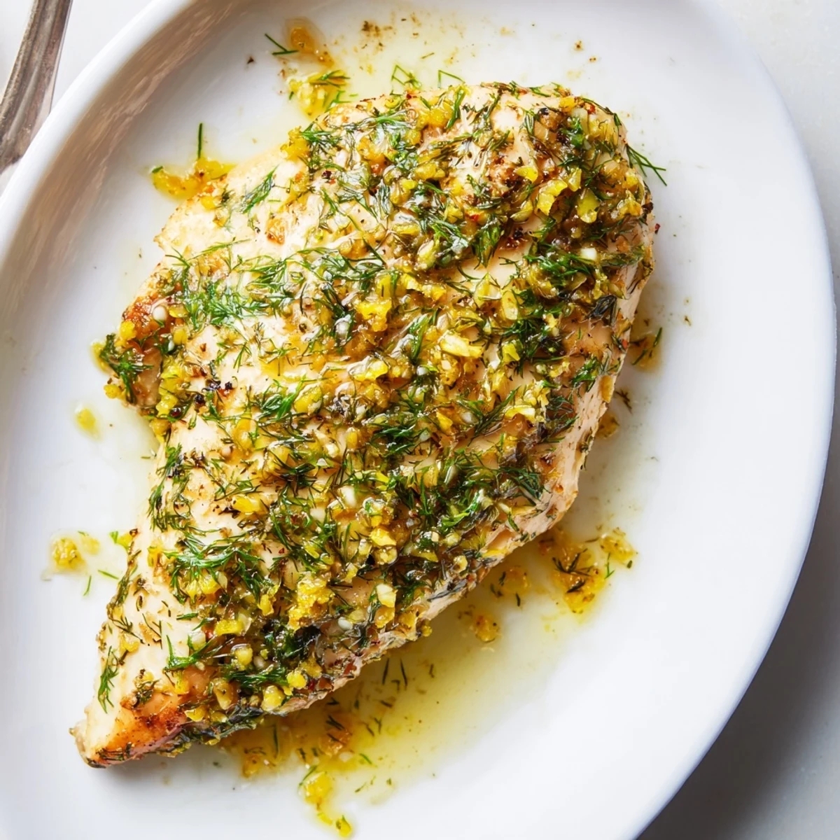 Savory paleo lemon dill chicken alongside roasted vegetables, showcasing golden edges and a vibrant herbaceous lemon aroma.