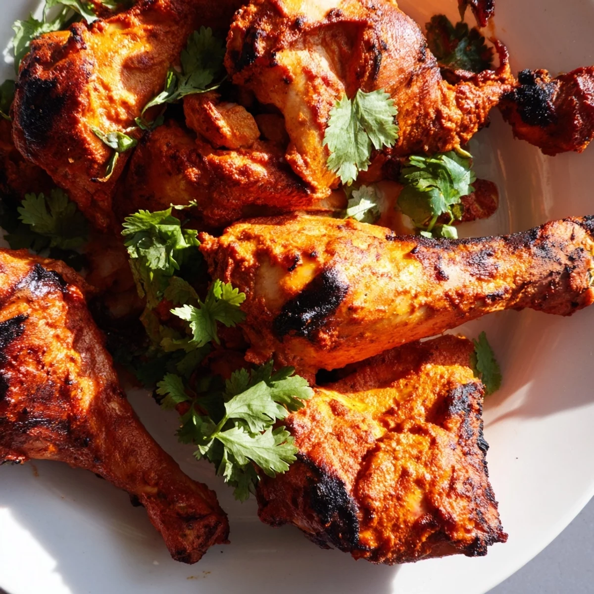 Succulent Tandoori Chicken thighs baked golden with a smoky char, garnished with fresh cilantro and red onion slices for serving.