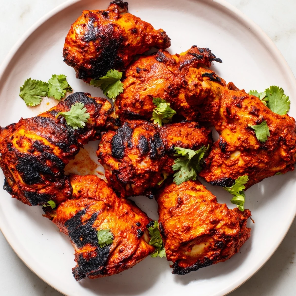 Juicy Tandoori Chicken drumsticks roasted in the oven with vibrant spices, next to lemon wedges and basmati rice on the table.