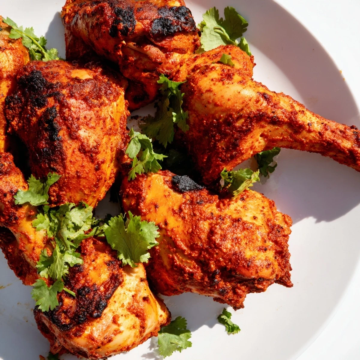 Golden-brown Tandoori Chicken pieces resting on a wire rack, aromatic marinade visible, ideal for a gluten-free main dish with naan.