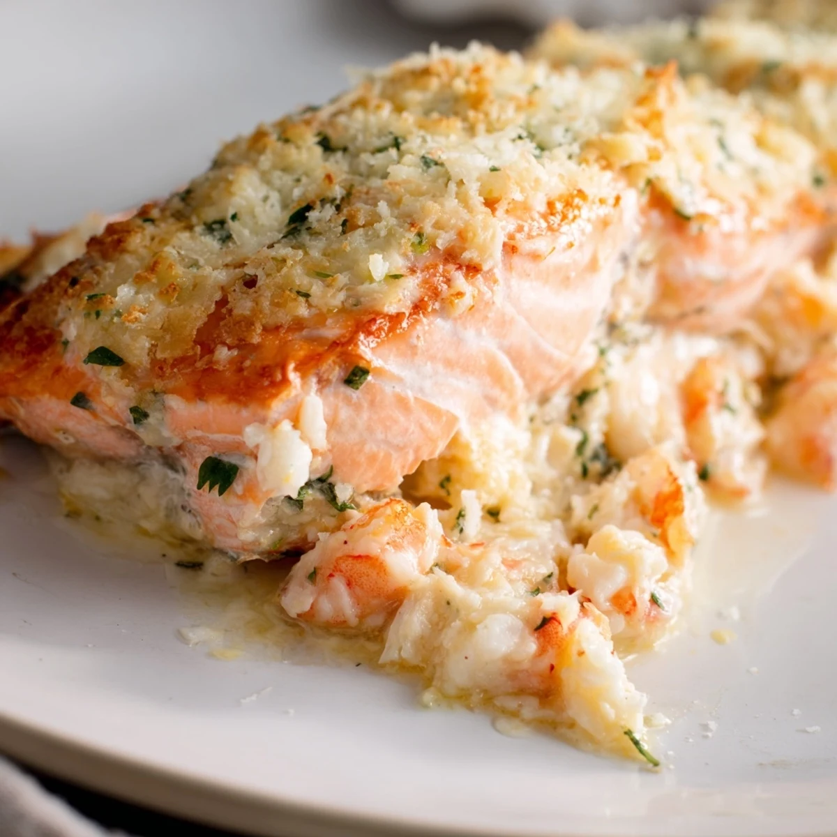 Crab & Shrimp Stuffed Salmon fresh from the oven, garnished with lemon wedges and parsley.