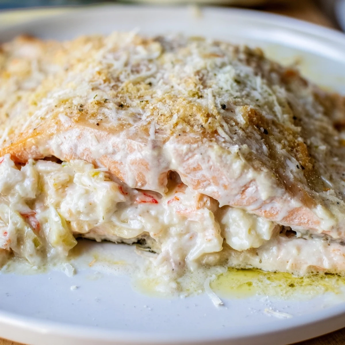 Golden baked Crab & Shrimp Stuffed Salmon fillets with a buttery Parmesan topping on a white platter.