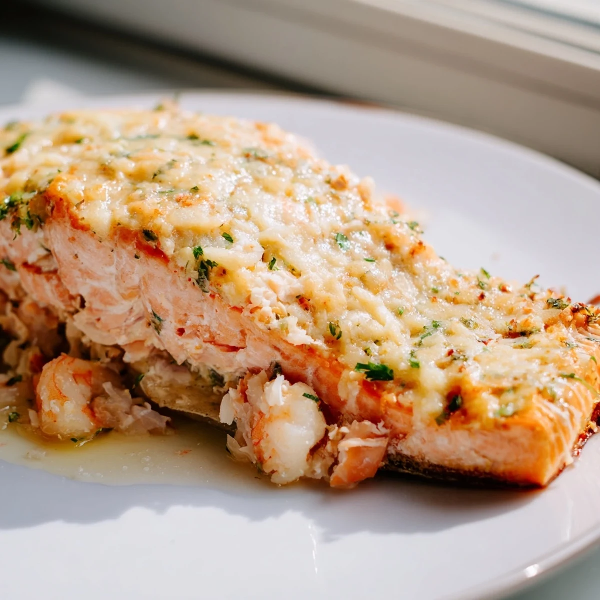 Close-up of Crab & Shrimp Stuffed Salmon revealing flaky fish and a creamy seafood filling.