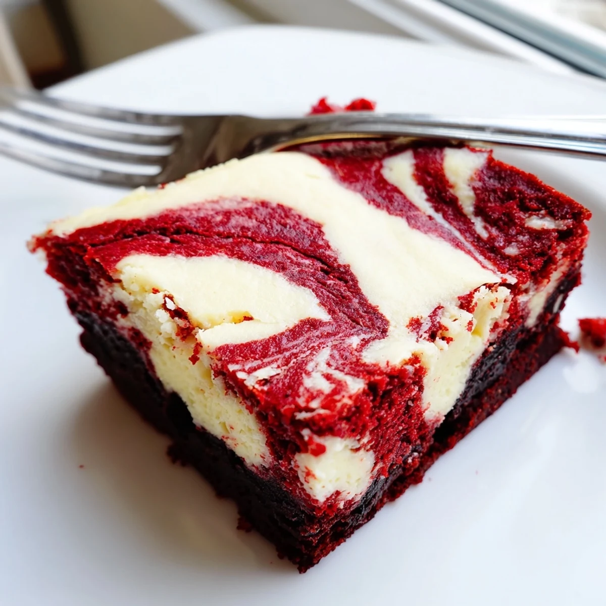 A close-up of Red Velvet Cheesecake Brownies with a rich, marbled red and white swirl on a rustic wooden table.