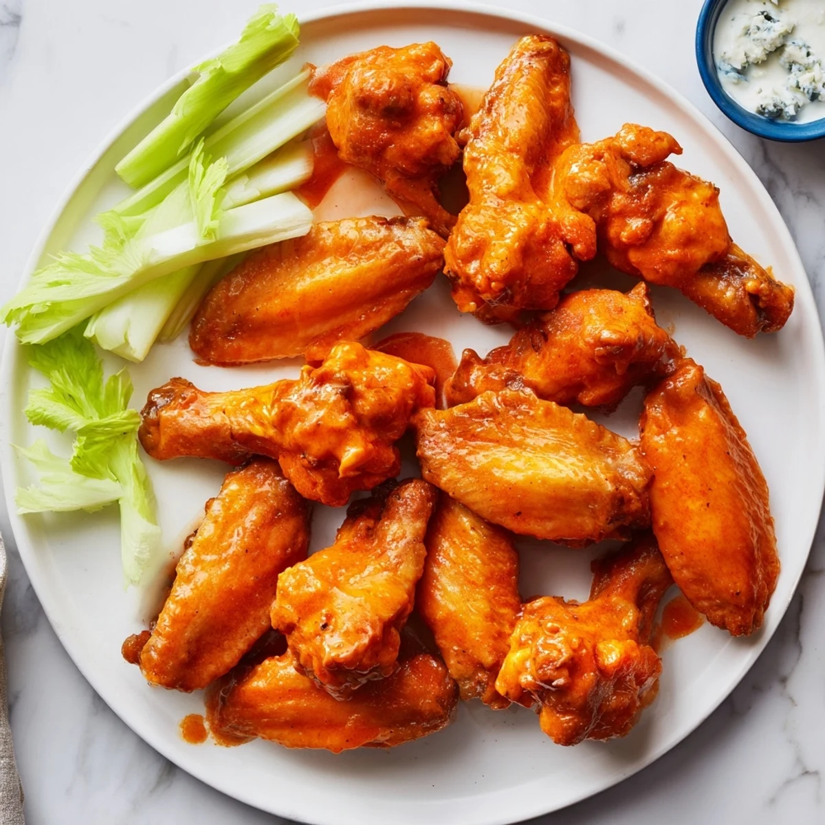 Crispy Smoked Buffalo Wings glisten with tangy sauce, served with celery sticks and creamy dressing.