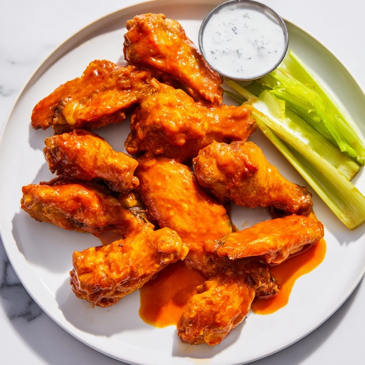 Enjoy Crispy Smoked Buffalo Wings hot from the smoker, accompanied by blue cheese dip and celery.