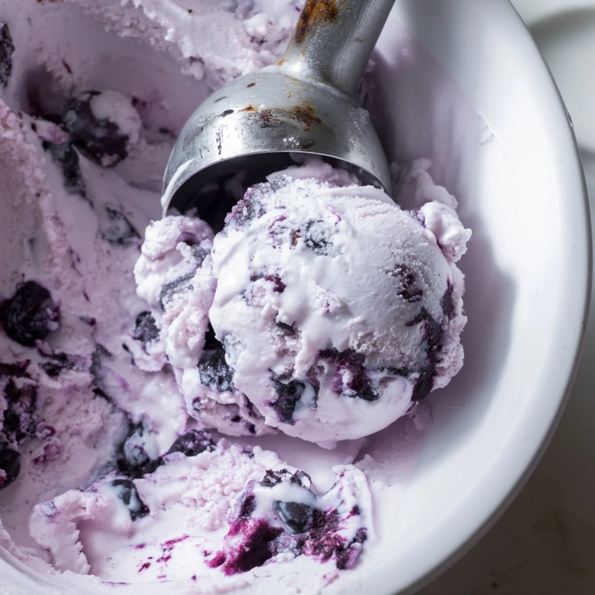 A close-up view of vibrant Blueberry Cottage Cheese Ice Cream in a chilled bowl, topped with a drizzle of honey and fresh mint.