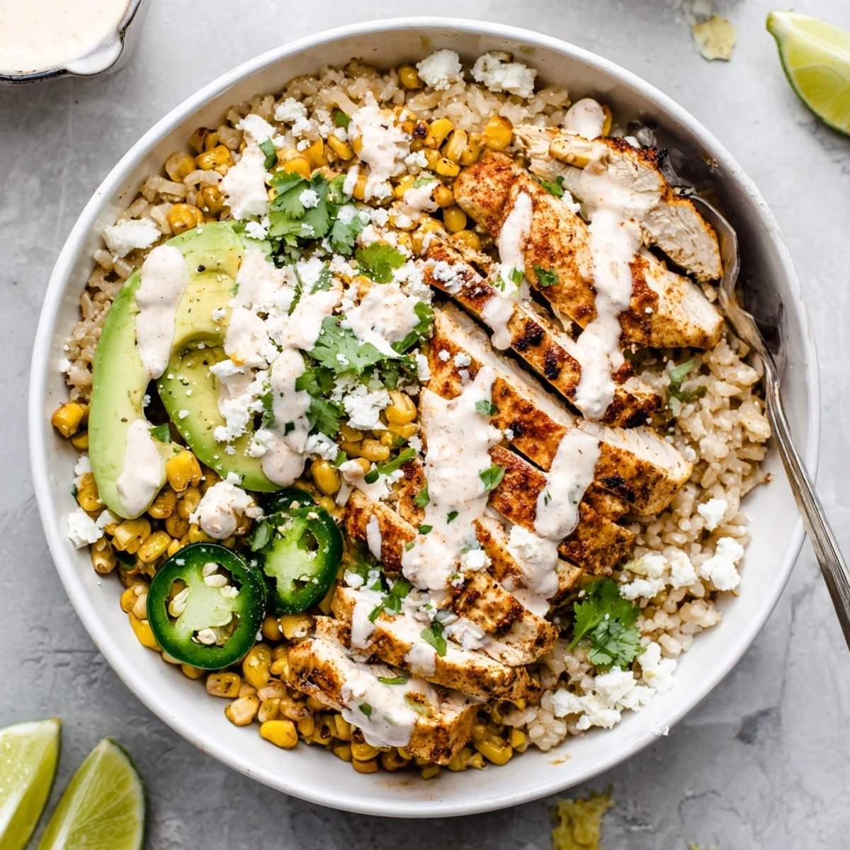 Vibrant Street Corn Chicken Bowl with grilled chicken slices, charred corn, and avocado topped with creamy crema.