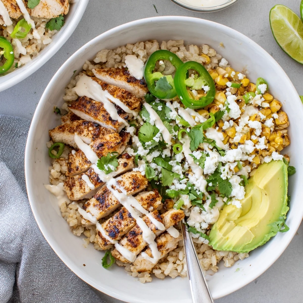 Freshly sliced Street Corn Chicken Bowl served over brown rice with cotija cheese and lime wedges.
